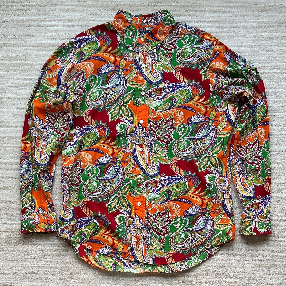 Ralph Lauren Vintage Paisley Custom Fit Button Down Shirt Orange Green Large